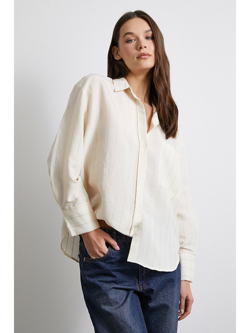 Kontrast Çizgili Modal Gömlek Bej-3