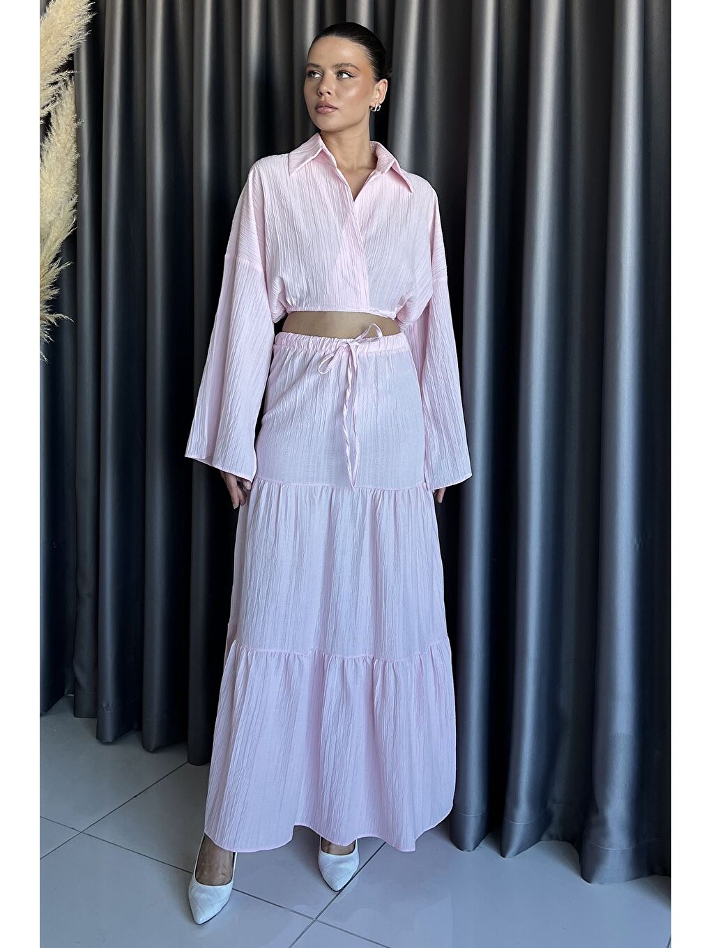 Pembe Kadın Bağlamalı Bluz Etek İkili Takım (astarlı Kullanım Önerilir)-1
