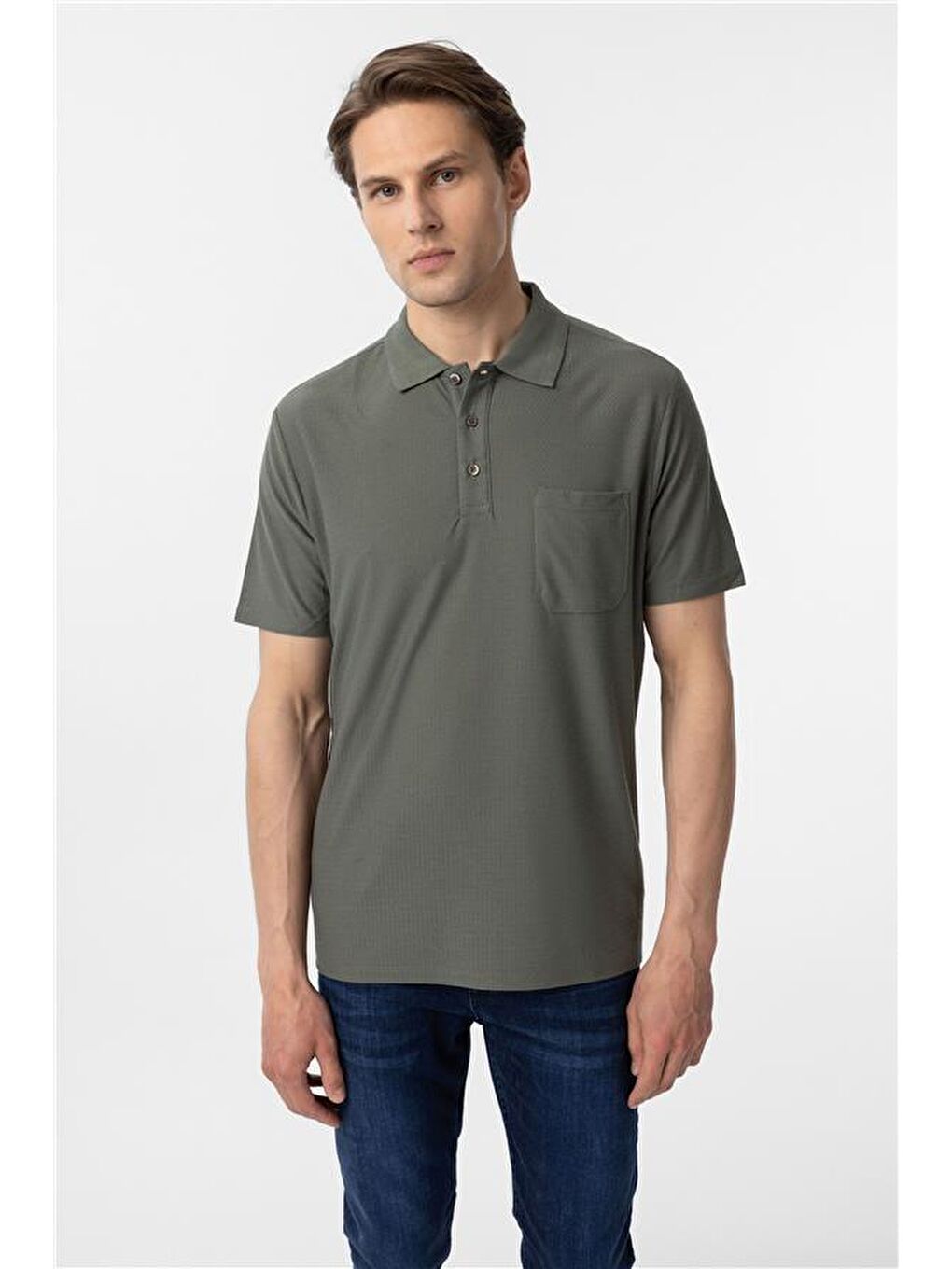 Haki Regular Armürlü Polo Yaka Tişört-1