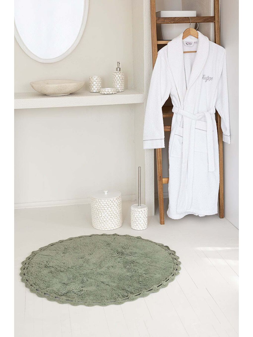 Yeşil Luna Yuvarlak Banyo Paspası  100 Pamuk 90x90 Haki-1