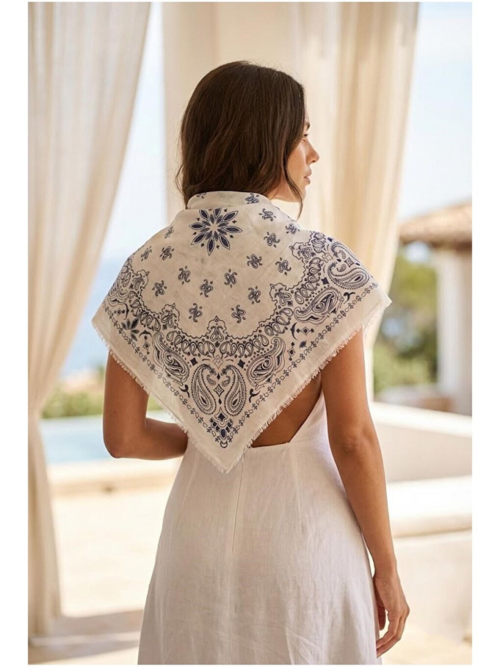 Kadın Lacivert Etnik Desenli Bohem Üçgen Şal Bandana 110x110 cm SAL1400 LACIVERT-7