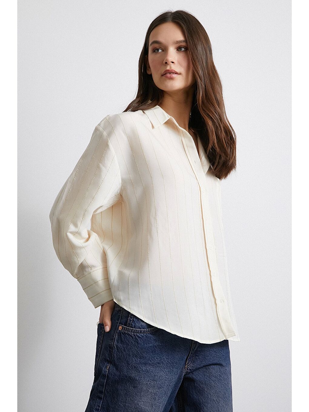 Kontrast Çizgili Modal Gömlek Bej-4