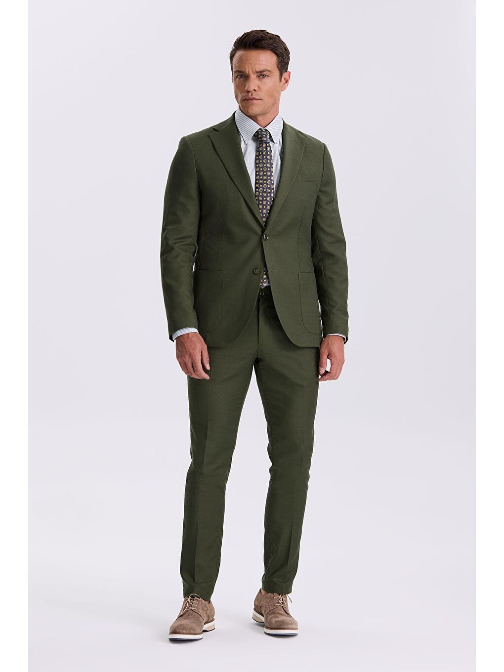 Haki Slim Fit Mono Yaka Kumaş Çift Yırtmaç Torba Cepli Takım Elbise