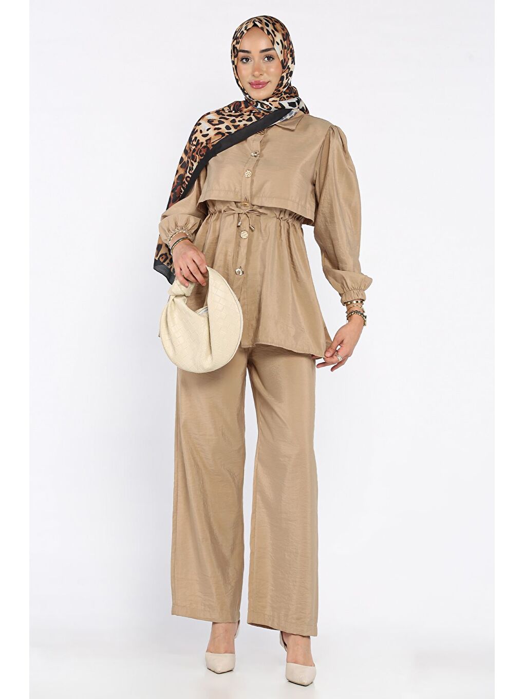Bej Kadın Gold Düğmeli Bel Bağlama Detaylı Tunik Pantolon Tesettür İkili Takım (s-m-l Beden Uyumludur.)-1