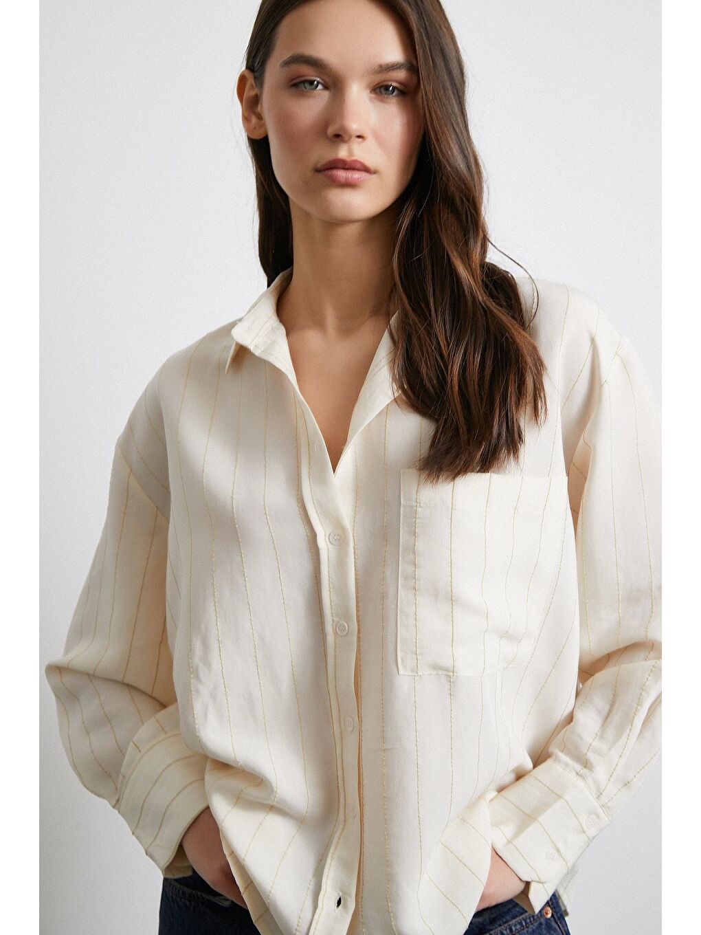 Kontrast Çizgili Modal Gömlek Bej-5