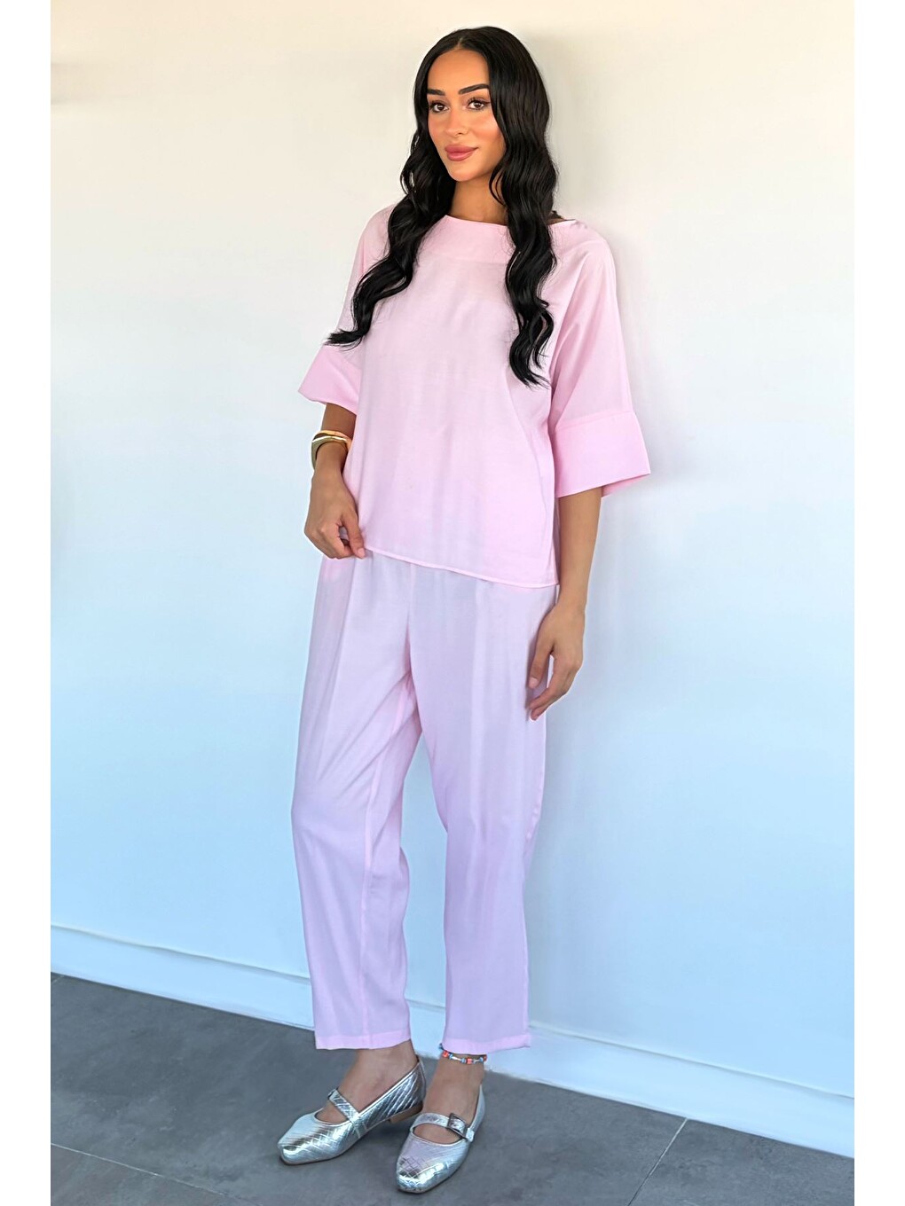 Pembe Kadın Lyocell Kumaş Bluz Bel Lastikli Pantolon İkili Takım
