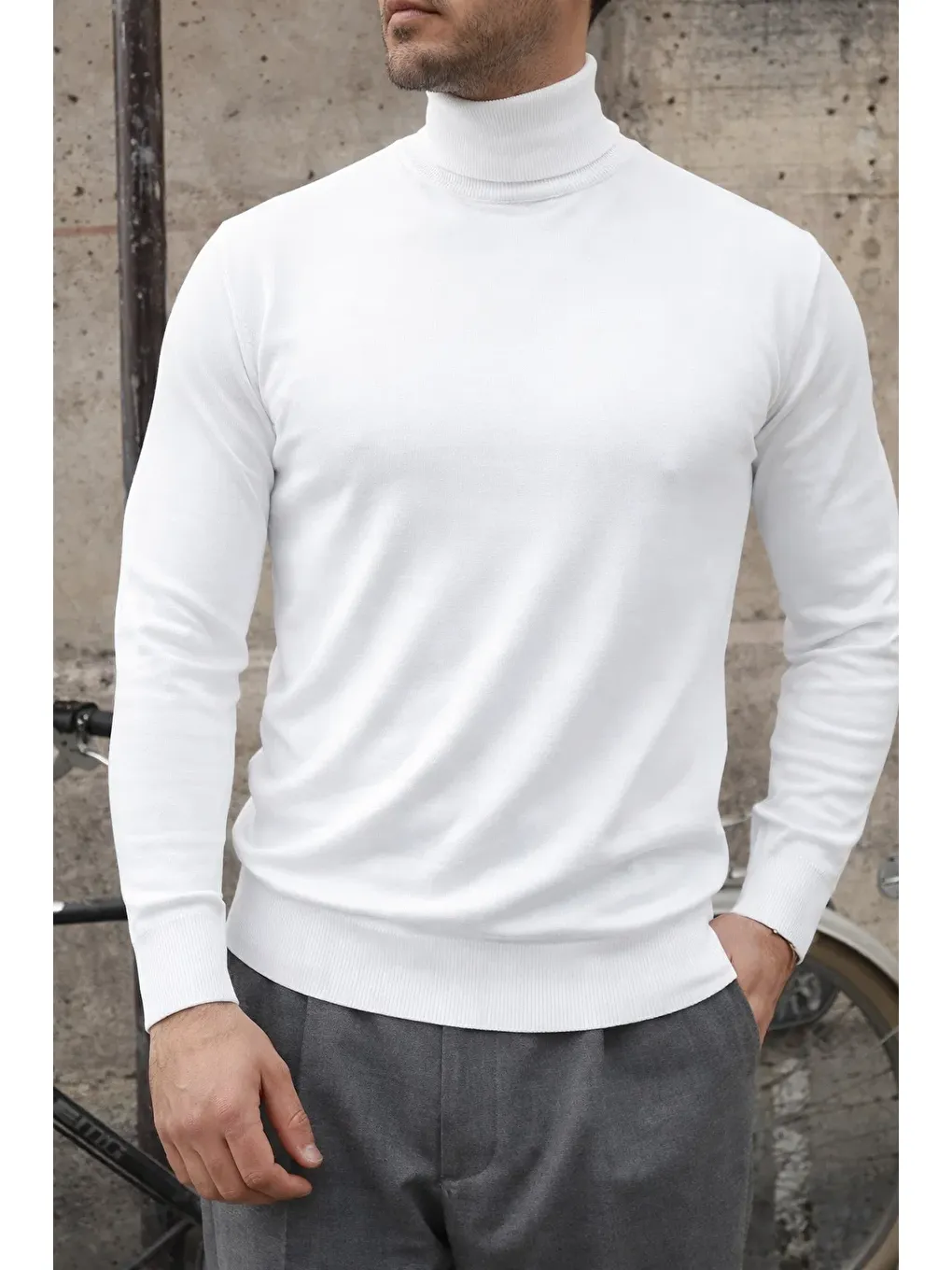 Erkek Premium Boğazlı Beyaz Triko Kazak-1