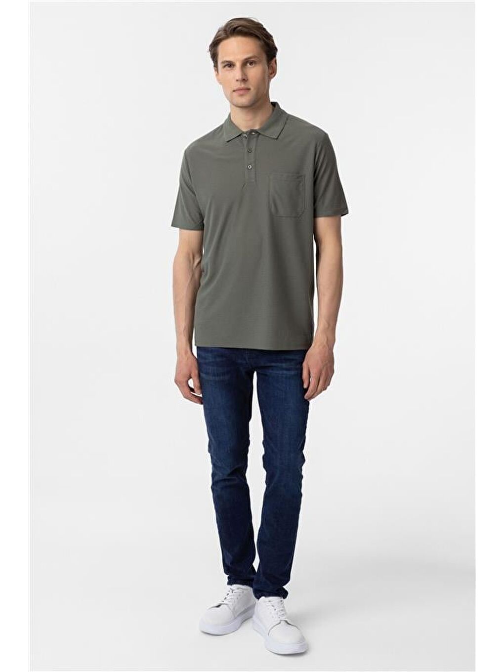 Haki Regular Armürlü Polo Yaka Tişört-5