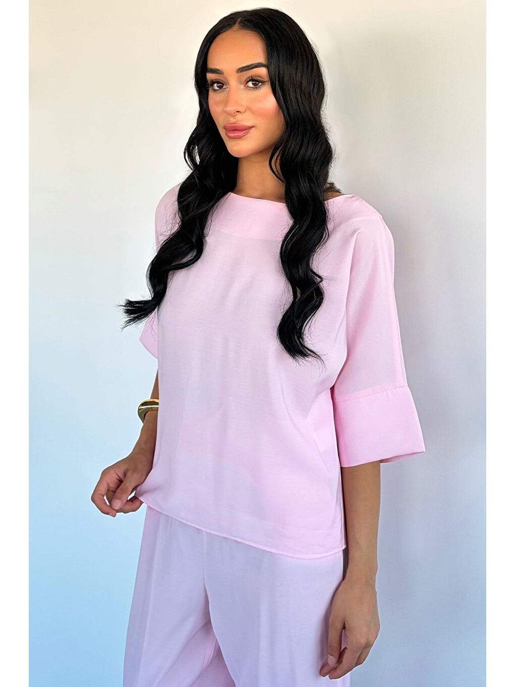 Pembe Kadın Lyocell Kumaş Bluz Bel Lastikli Pantolon İkili Takım-1