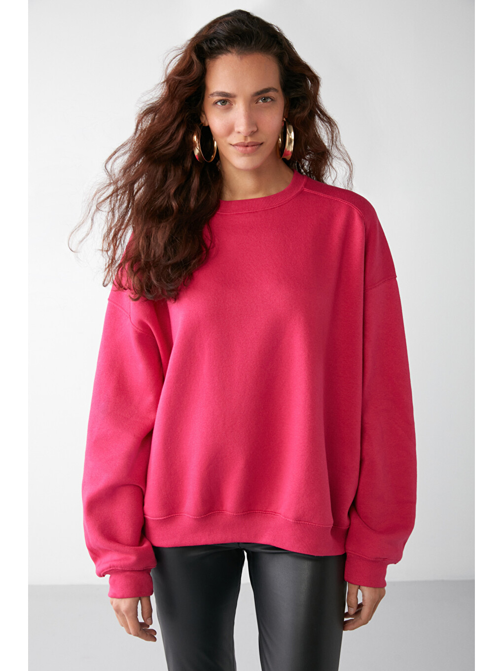 Susana Kadın Bisiklet Yaka İçi Polarlı Oversize Fit Basic Pembe Sweatshirt-2