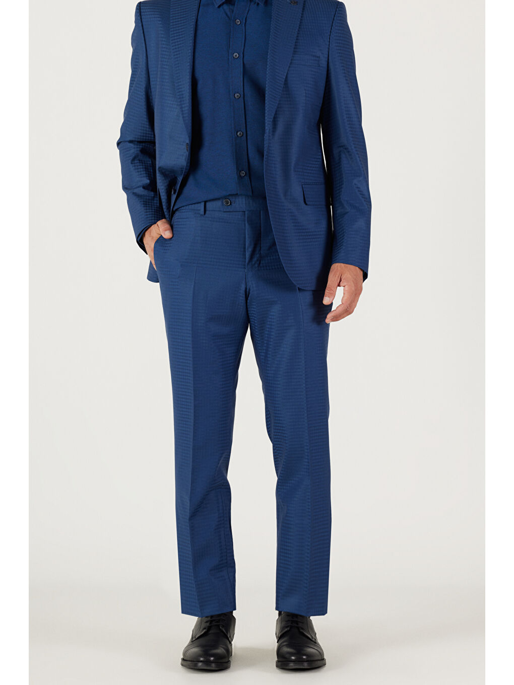 Erkek Mavi Slim Fit Dar Kesim Mono Yaka Kareli Klasik Yünlü Takım Elbise-3