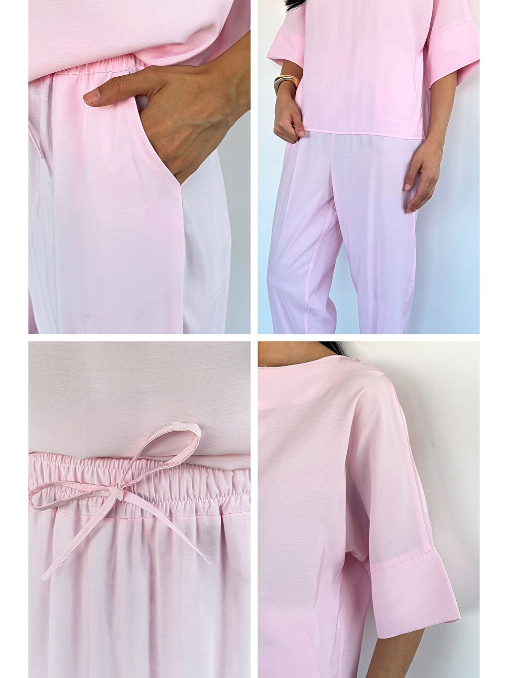 Pembe Kadın Lyocell Kumaş Bluz Bel Lastikli Pantolon İkili Takım-2