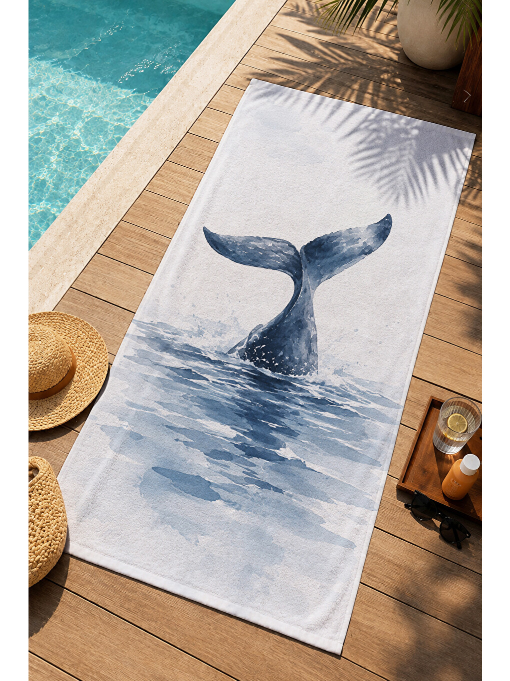 Minimal Suluboya Balina Kuyruğu Mavi Deniz Desenli 70x150 Plaj Havlusu - Pamuklu Banyo Havlusu-1