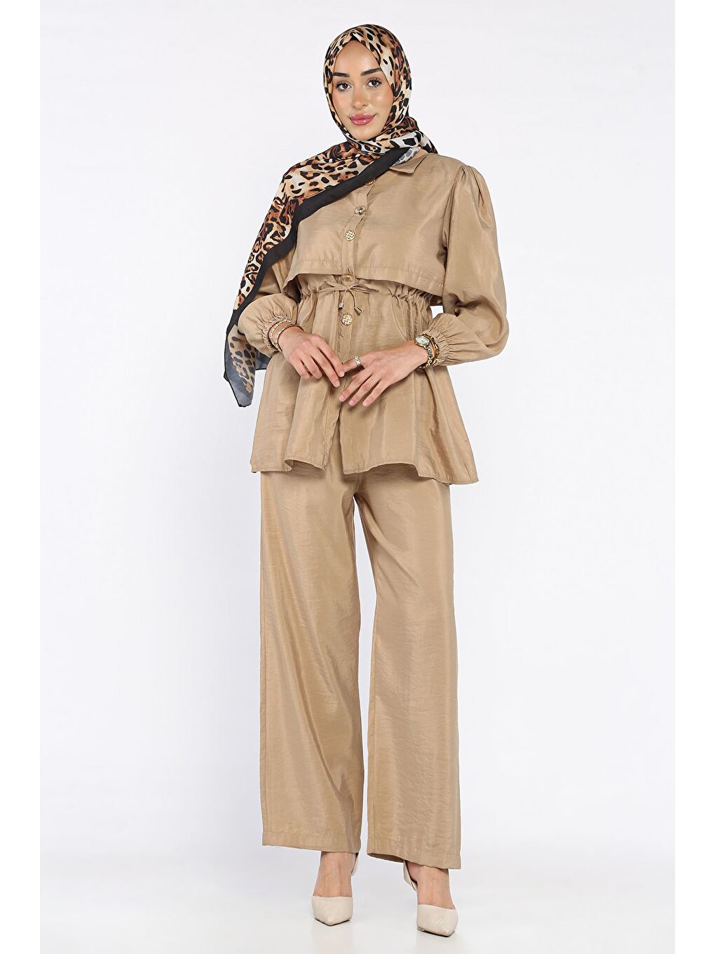 Bej Kadın Gold Düğmeli Bel Bağlama Detaylı Tunik Pantolon Tesettür İkili Takım (s-m-l Beden Uyumludur.)-3