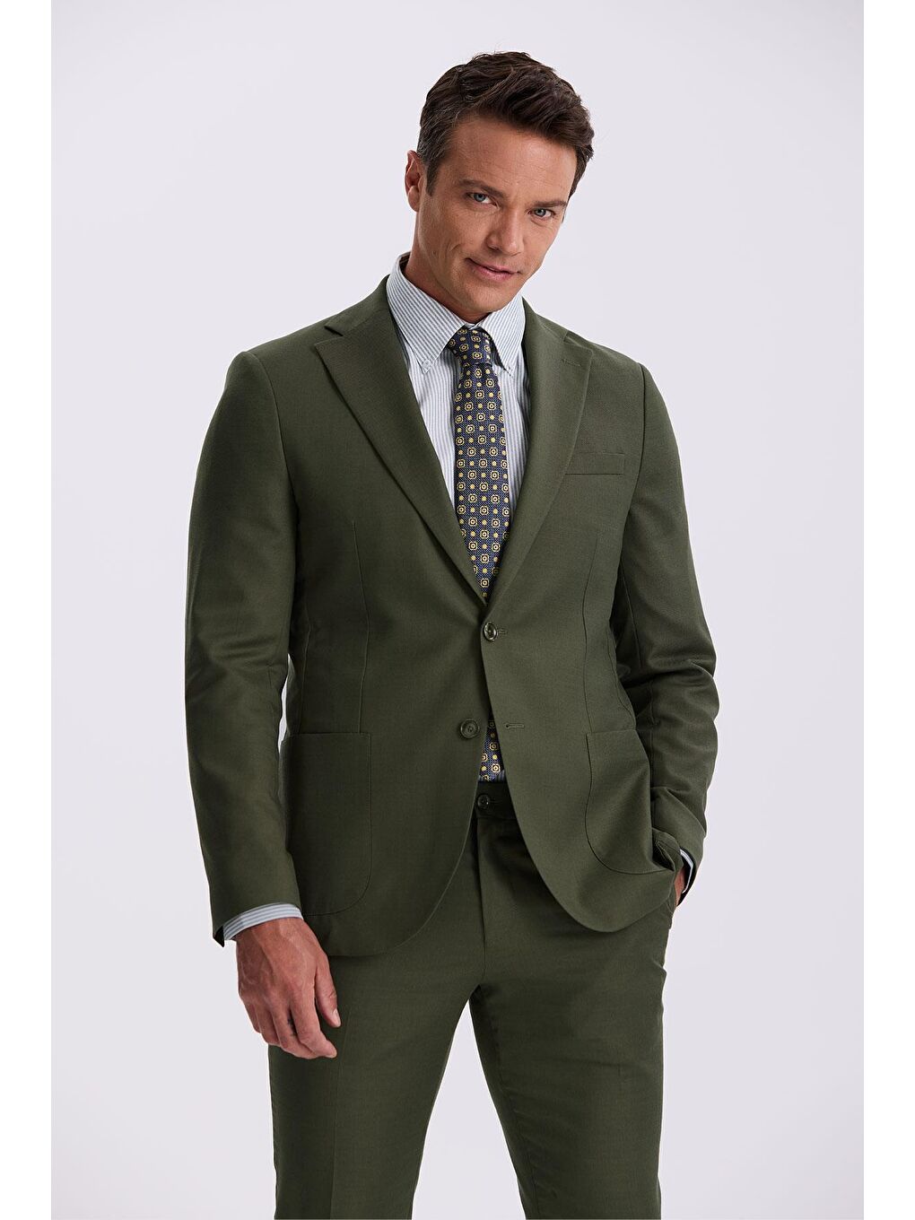 Haki Slim Fit Mono Yaka Kumaş Çift Yırtmaç Torba Cepli Takım Elbise-1