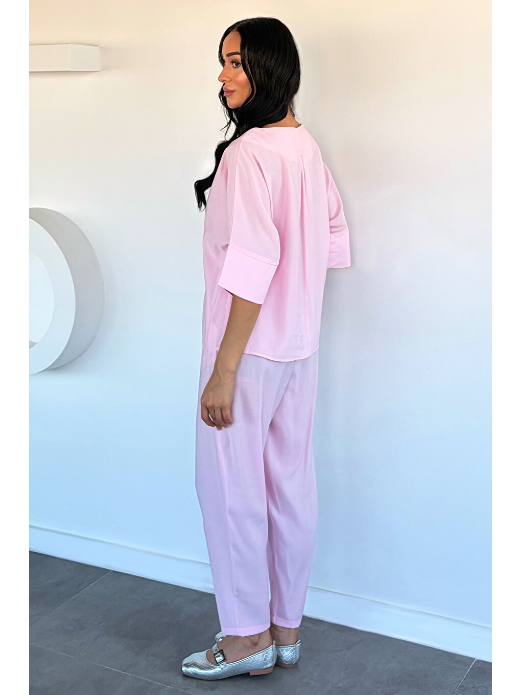 Pembe Kadın Lyocell Kumaş Bluz Bel Lastikli Pantolon İkili Takım-3