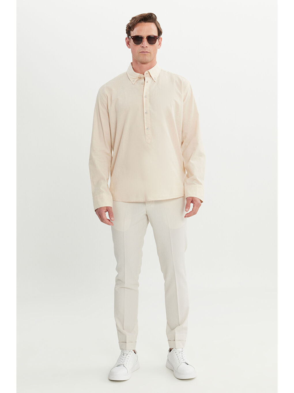 Erkek Ekru Oversize Bol Kesim Düğmeli Yaka %100 Pamuk Gömlek-1