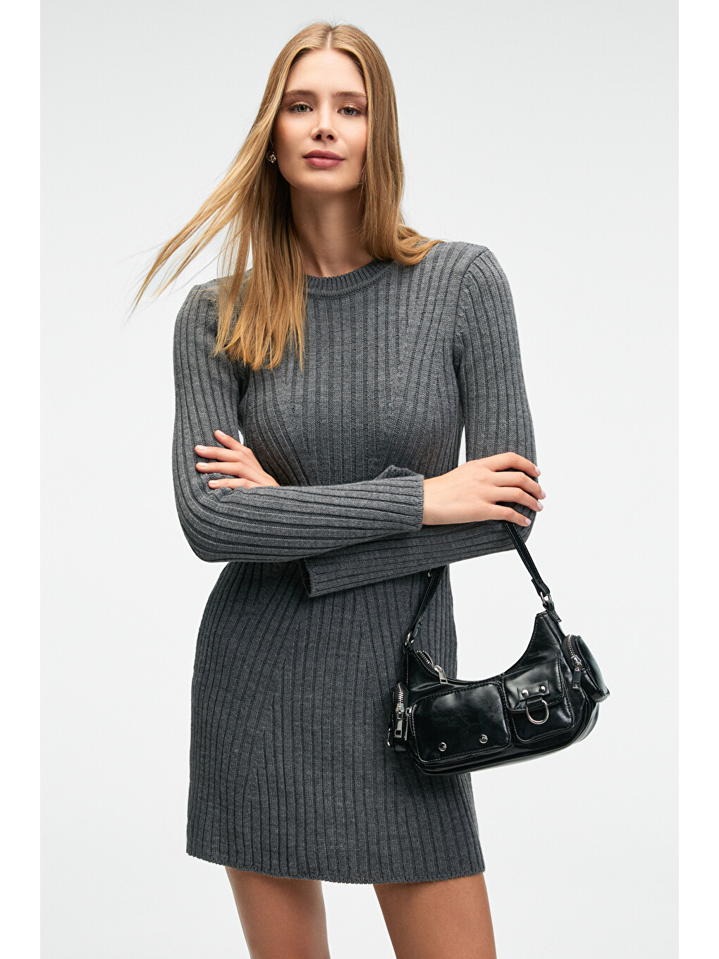 Encanto Kadın Yuvarlak Yaka Çizgi Desenli Slim Fit Antrasit Elbise-6
