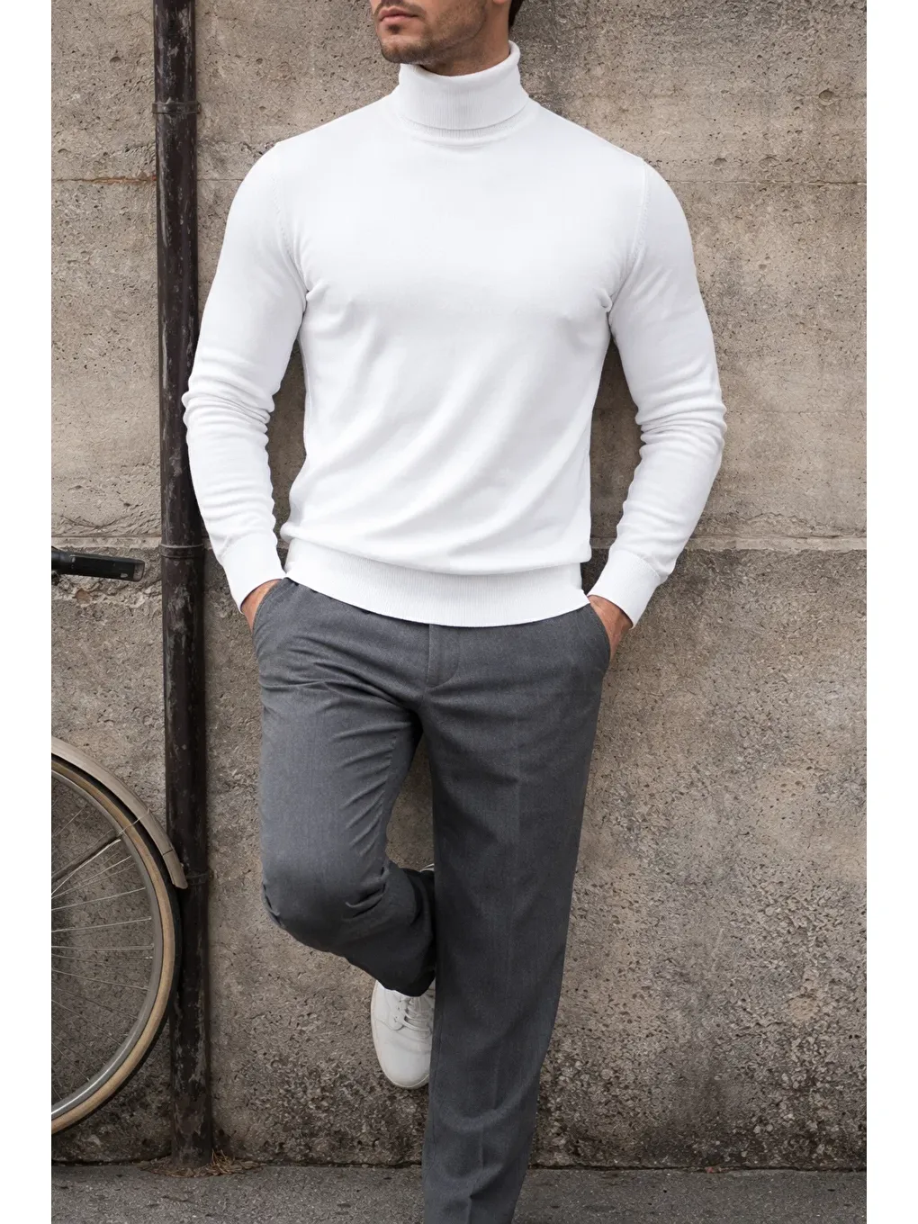 Erkek Premium Boğazlı Beyaz Triko Kazak-2