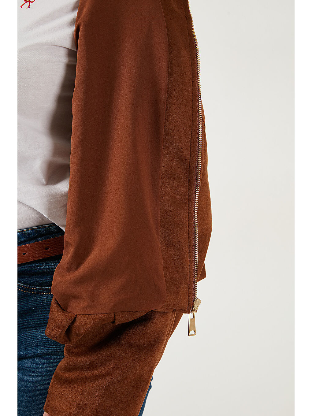 Kahverengi Oversize Klasik Yaka Fermuarlı Süet Dokulu Bomber Ceket 6839635-5