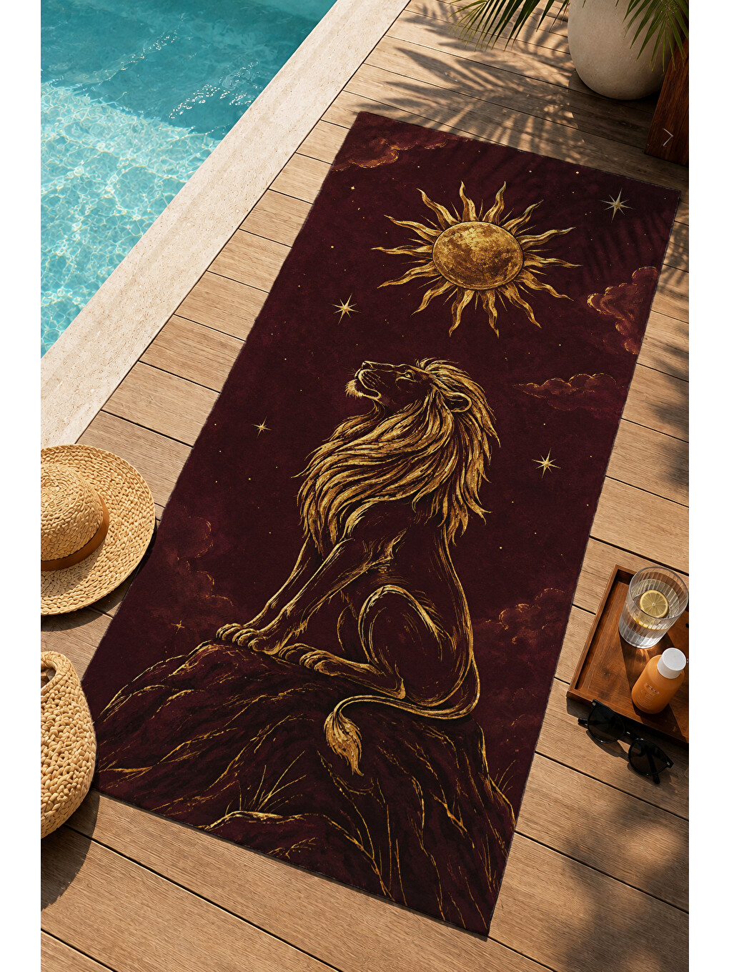 Zodyak Altın Aslan Güneşli Bordo Desenli 70x150 Plaj Havlusu - Dijital Baskılı Solmaz Banyo Havlusu-3