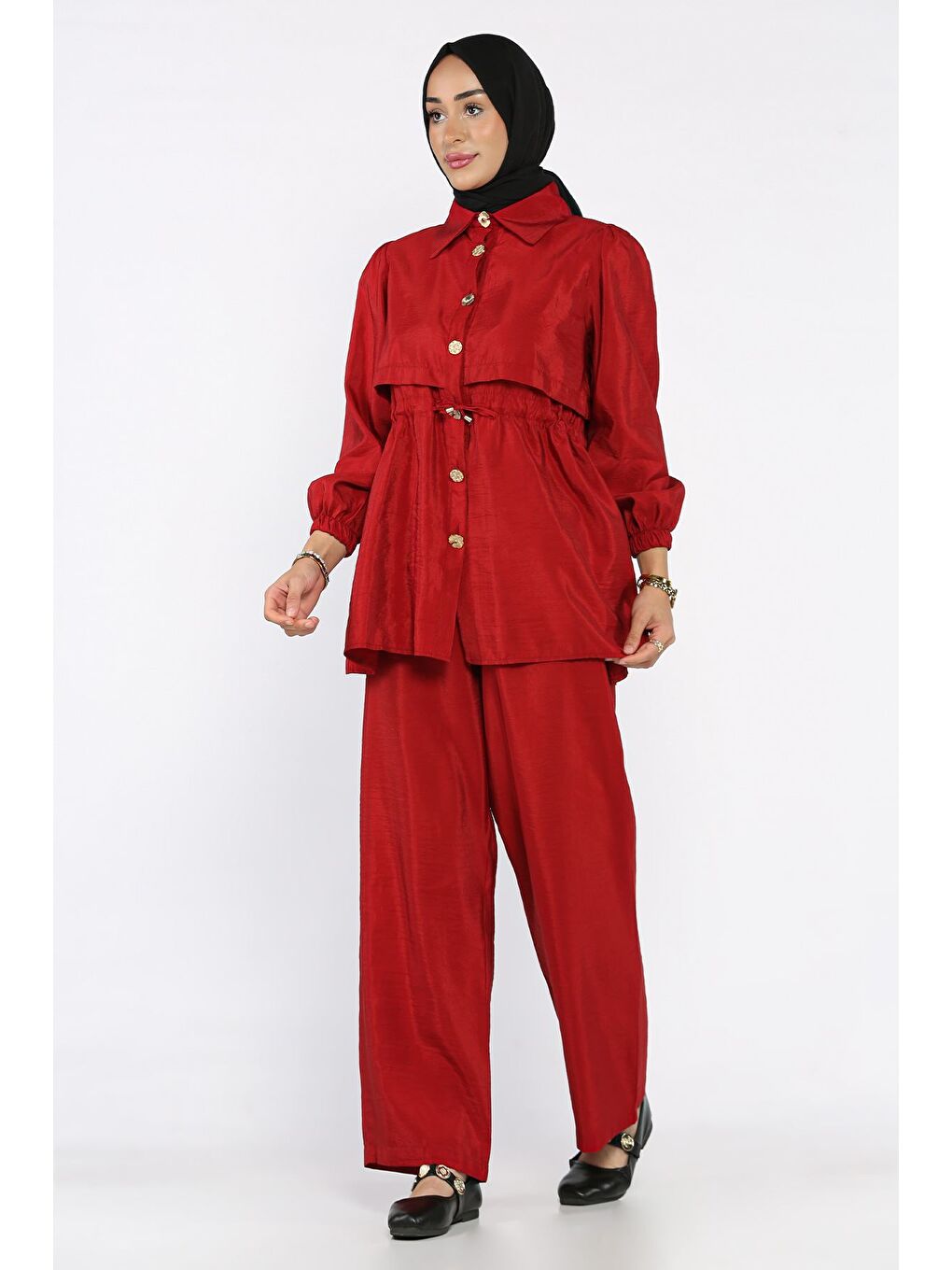 Bordo Kadın Gold Düğmeli Bel Bağlama Detaylı Tunik Pantolon Tesettür İkili Takım (s-m-l Beden Uyumludur.)-2