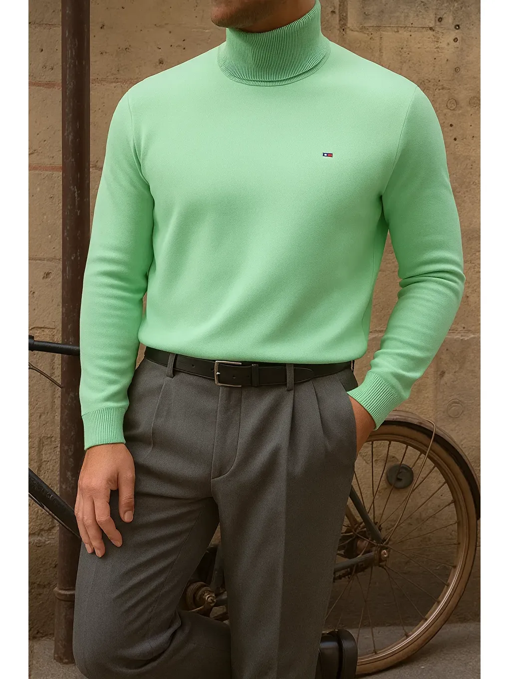 Yeşil Erkek Premium Boğazlı Mint Triko Kazak-2