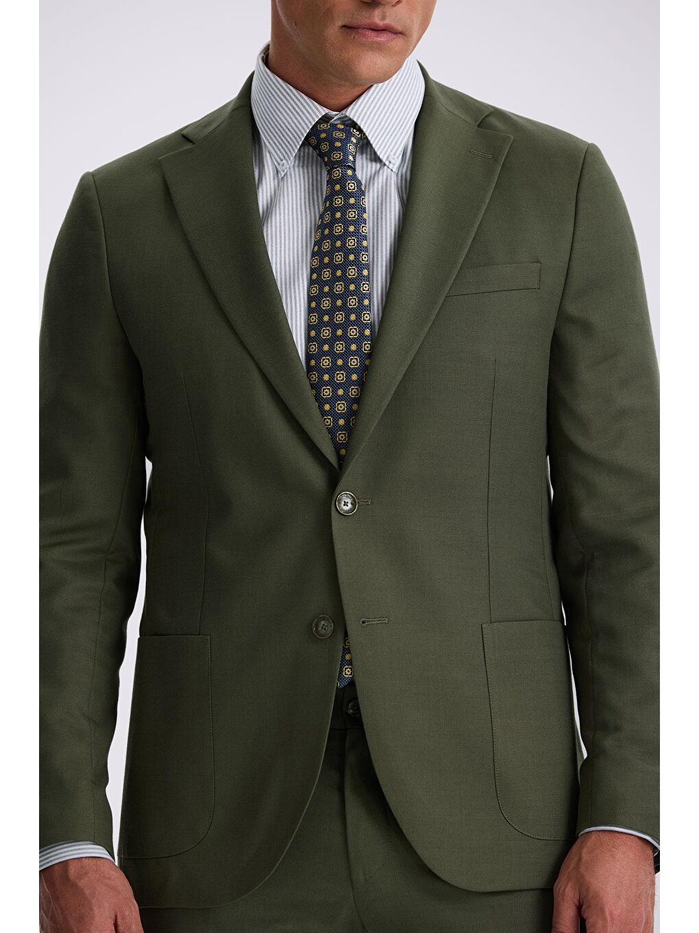 Haki Slim Fit Mono Yaka Kumaş Çift Yırtmaç Torba Cepli Takım Elbise-2