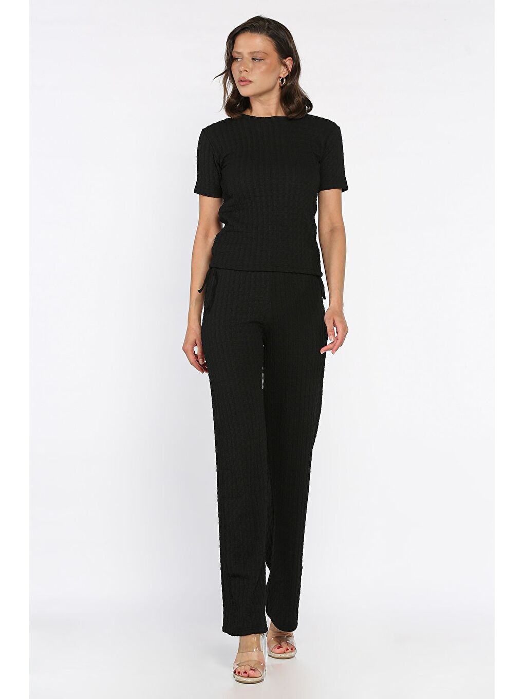 Siyah Yan Büzgülü Kadın Bluz Pantolon İkili Takım-1