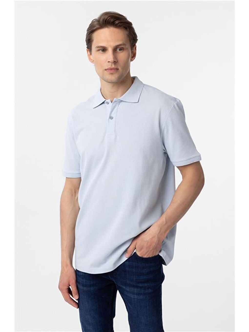 Saks Mavi Regular Armürlü Polo Yaka Tişört-1
