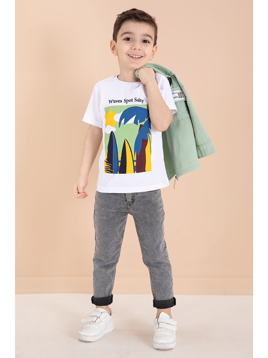 Yeşil Fermuarlı Ceketli Tişörtlü Erkek Çocuk 3lü Alt Üst Takım 19962-1