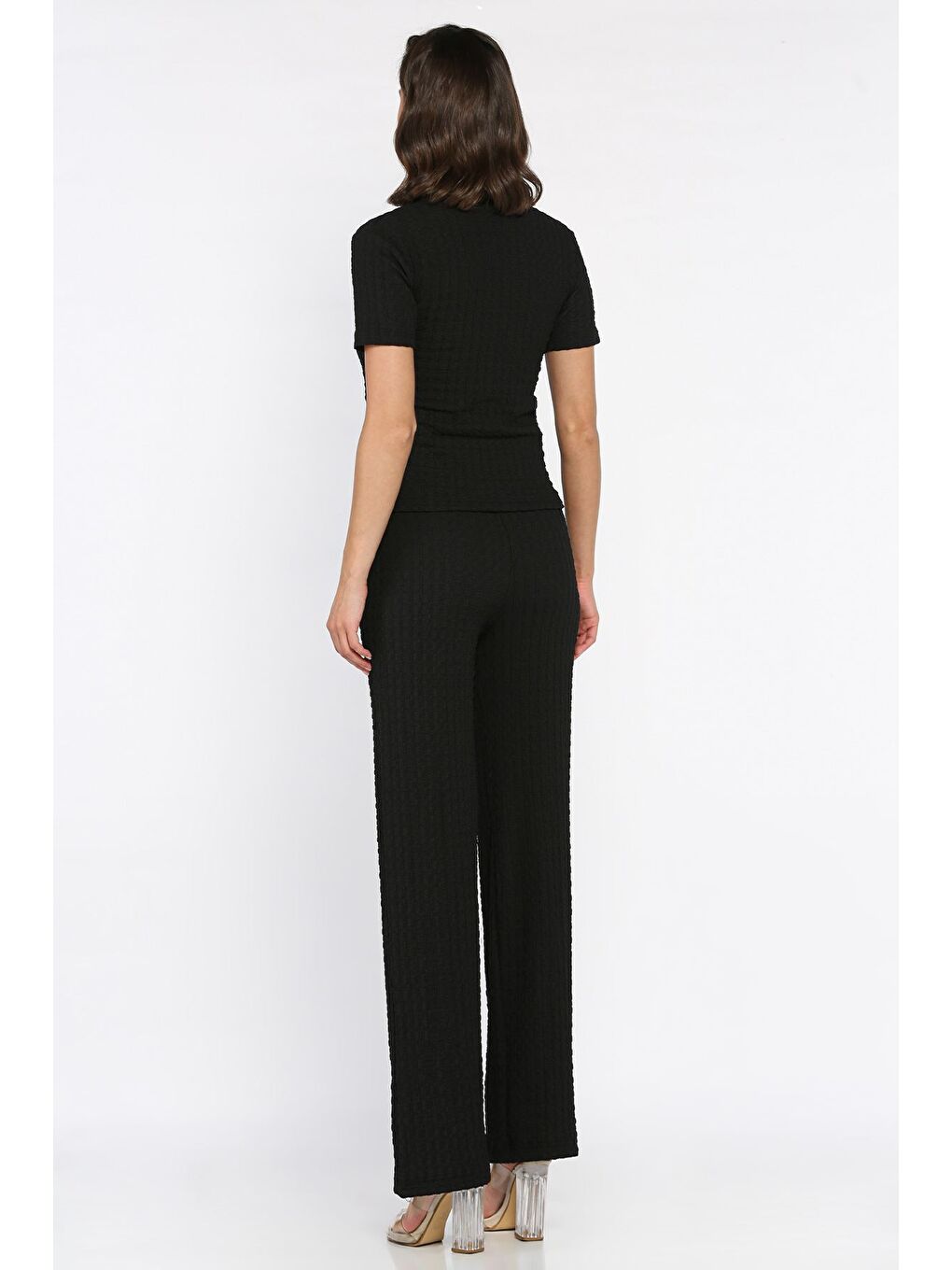 Siyah Yan Büzgülü Kadın Bluz Pantolon İkili Takım-2