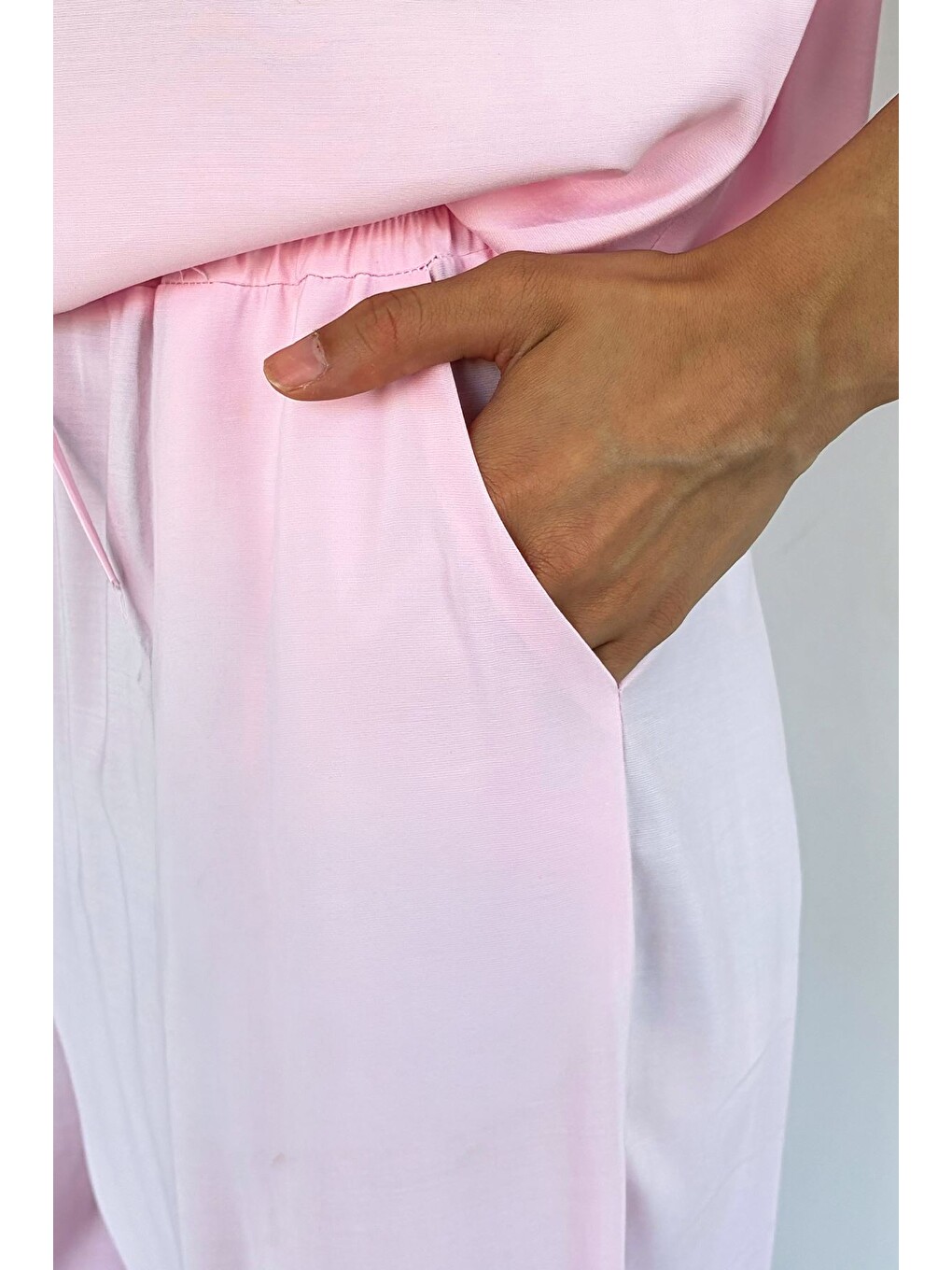 Pembe Kadın Lyocell Kumaş Bluz Bel Lastikli Pantolon İkili Takım-6