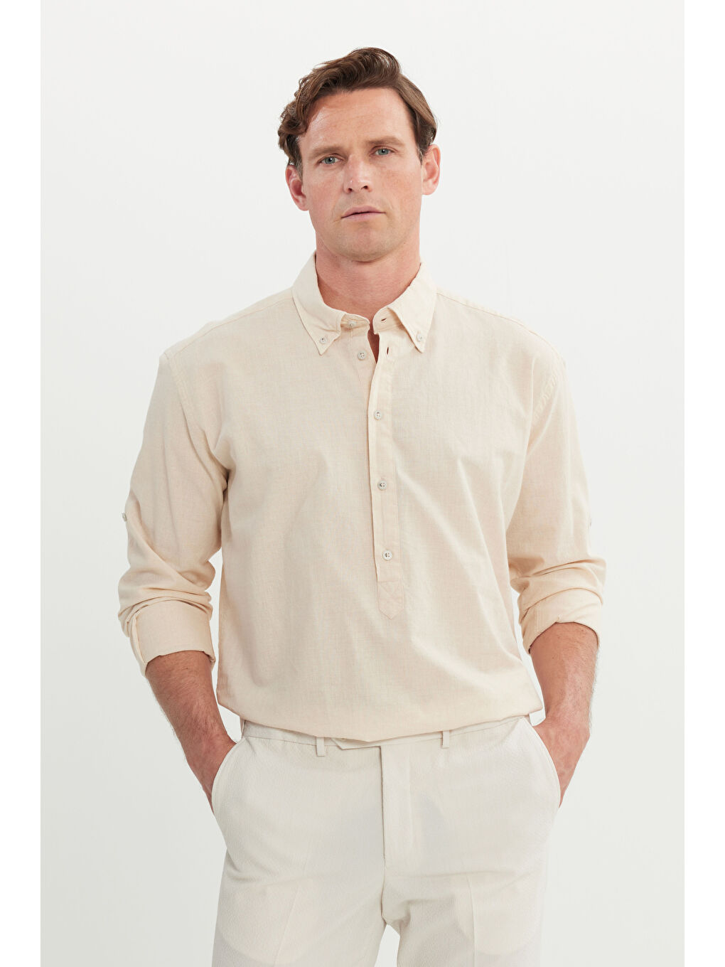 Erkek Ekru Oversize Bol Kesim Düğmeli Yaka %100 Pamuk Gömlek-2