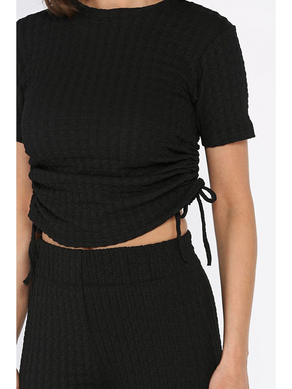 Siyah Yan Büzgülü Kadın Bluz Pantolon İkili Takım-3