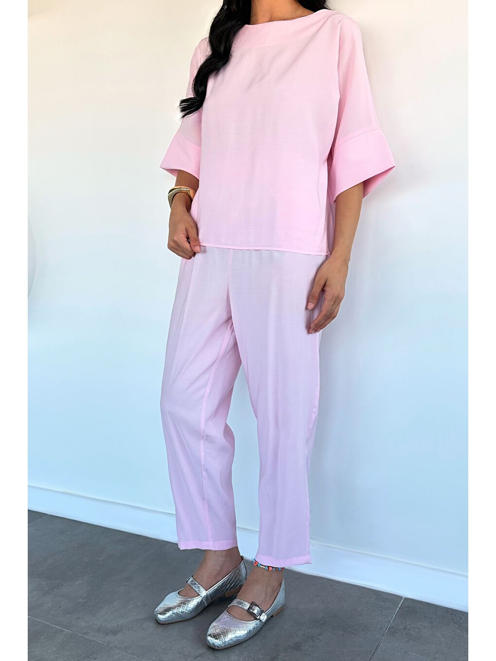 Pembe Kadın Lyocell Kumaş Bluz Bel Lastikli Pantolon İkili Takım-7
