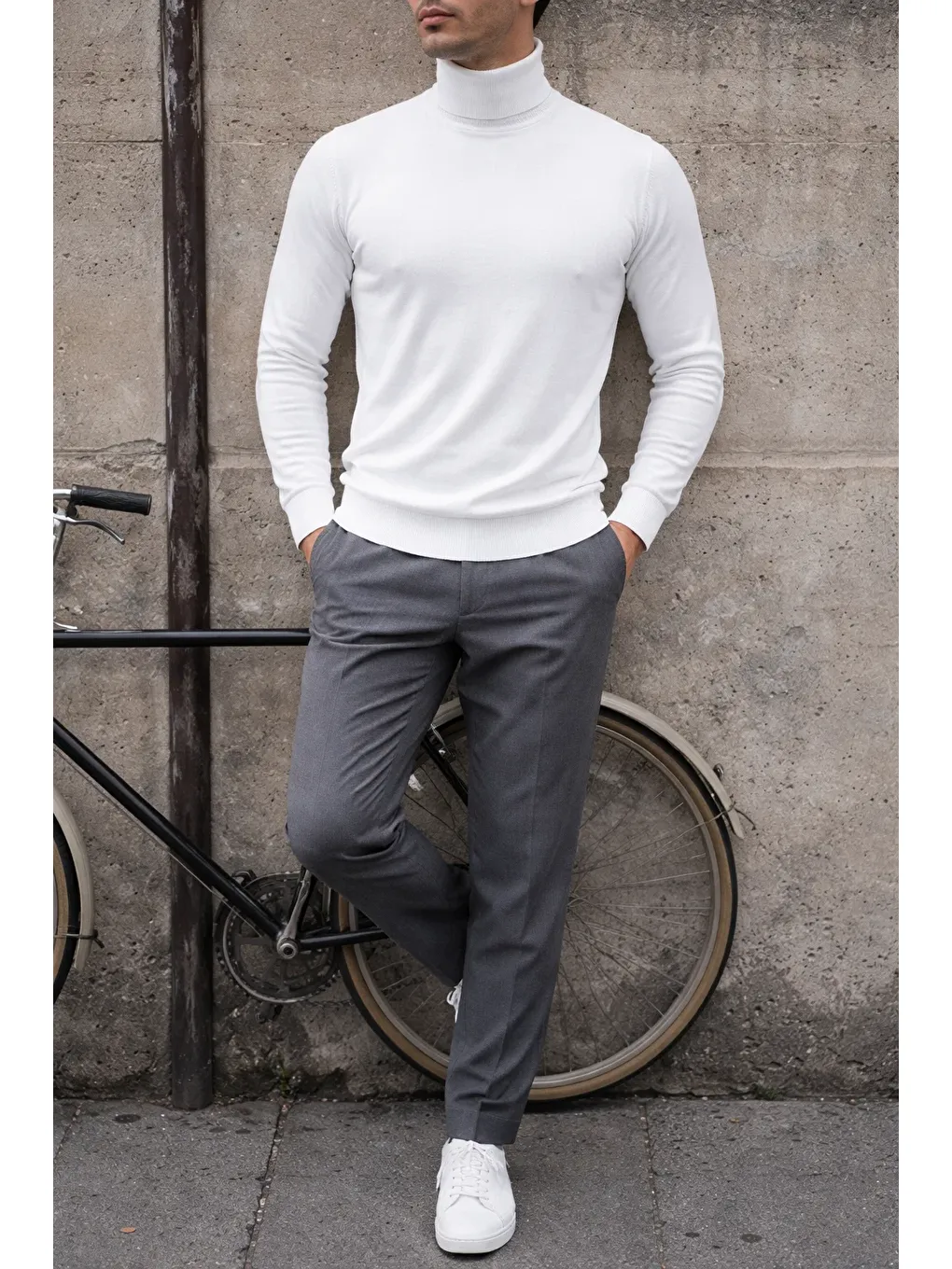 Erkek Premium Boğazlı Beyaz Triko Kazak-3