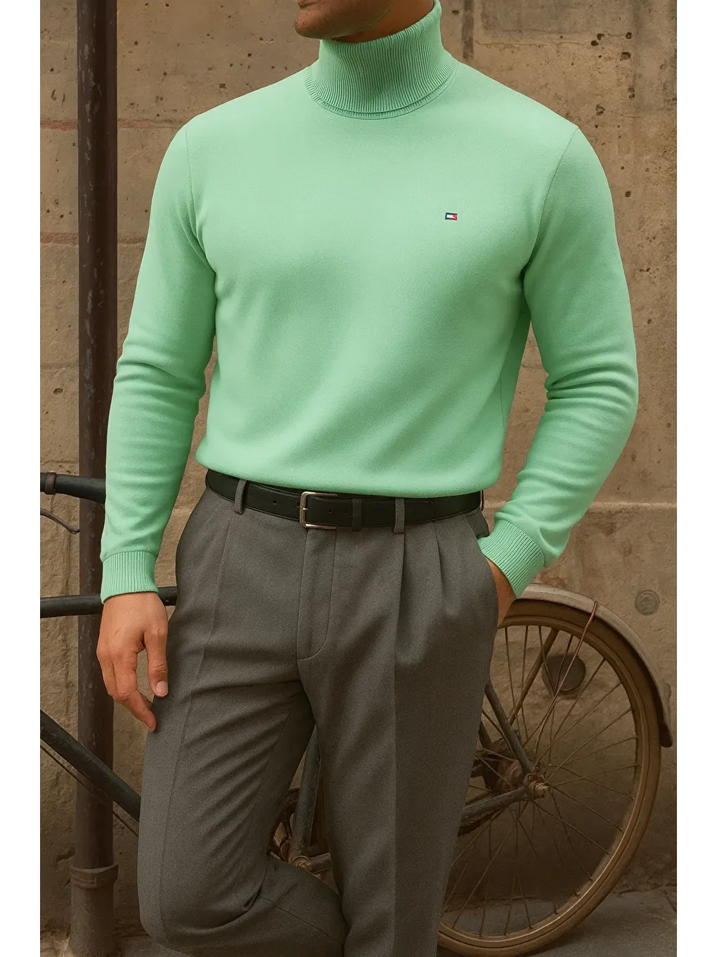 Yeşil Erkek Premium Boğazlı Mint Triko Kazak-3