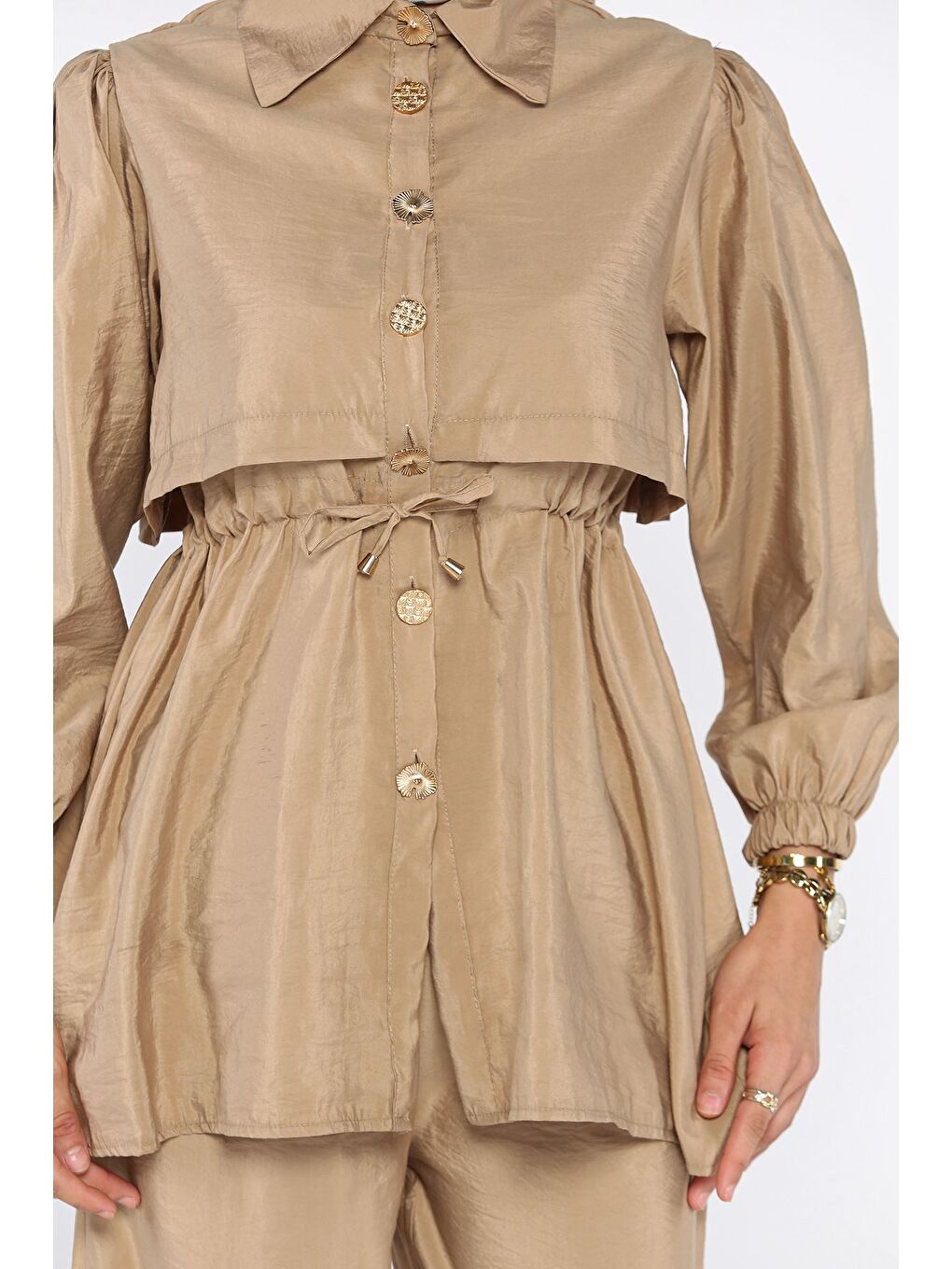 Bej Kadın Gold Düğmeli Bel Bağlama Detaylı Tunik Pantolon Tesettür İkili Takım (s-m-l Beden Uyumludur.)-7