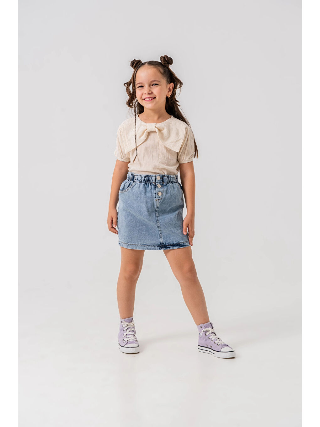 Ekru Yakalı Jean Etekli Kız Çocuk Takım 2540-1