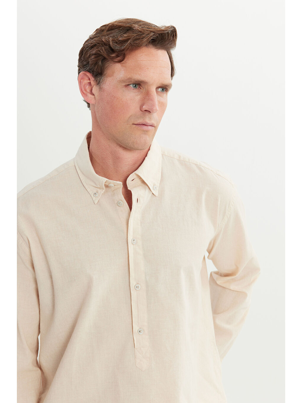 Erkek Ekru Oversize Bol Kesim Düğmeli Yaka %100 Pamuk Gömlek-3