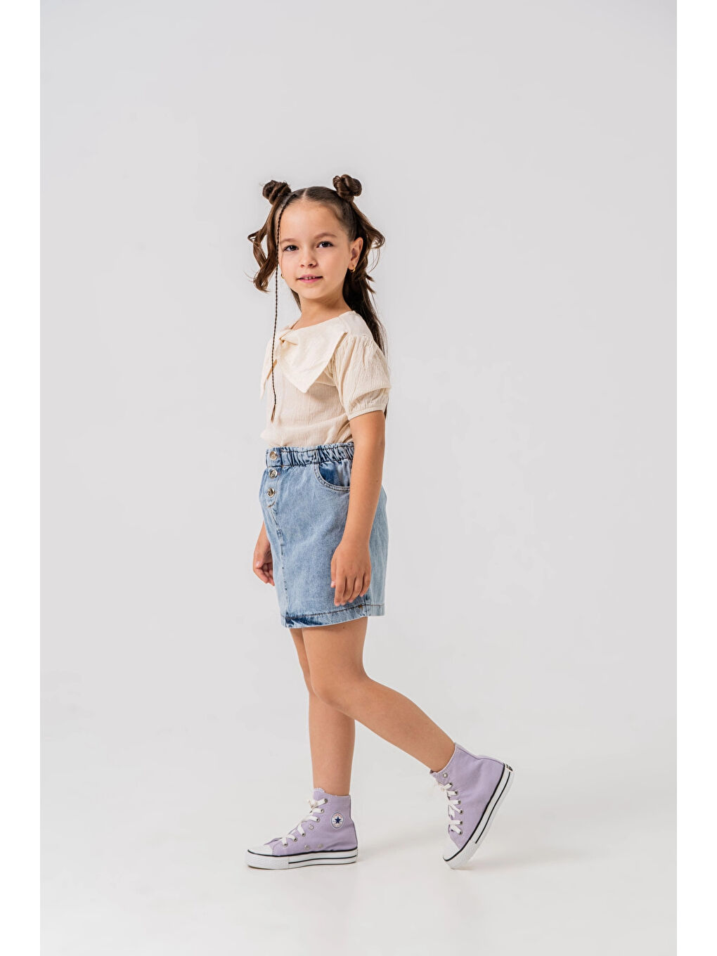 Ekru Yakalı Jean Etekli Kız Çocuk Takım 2540-2