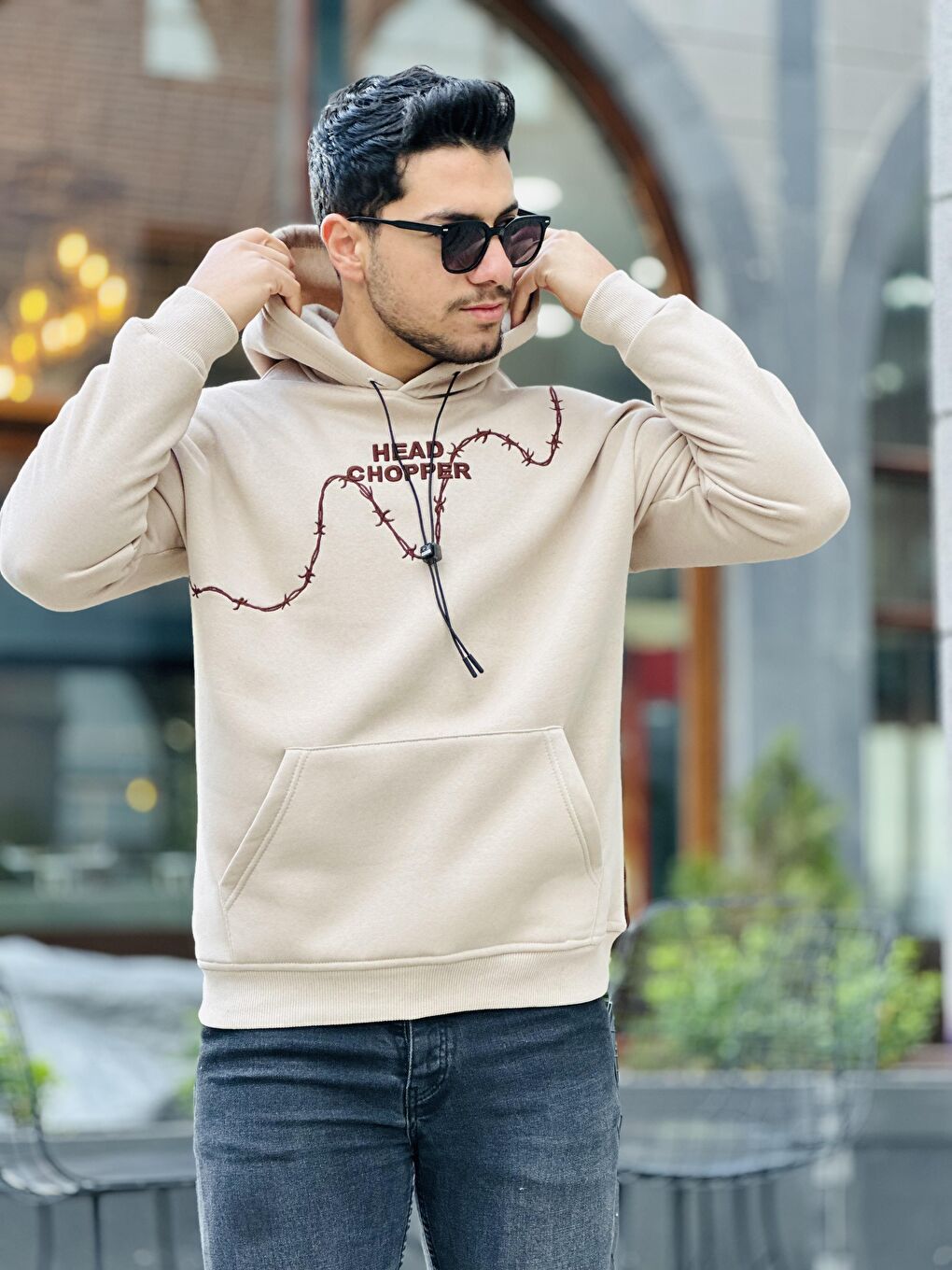 Miron Bej Üç İplik Head Chopper Nakışlı Oversize Kapüşonlu Sweatshirt - 2