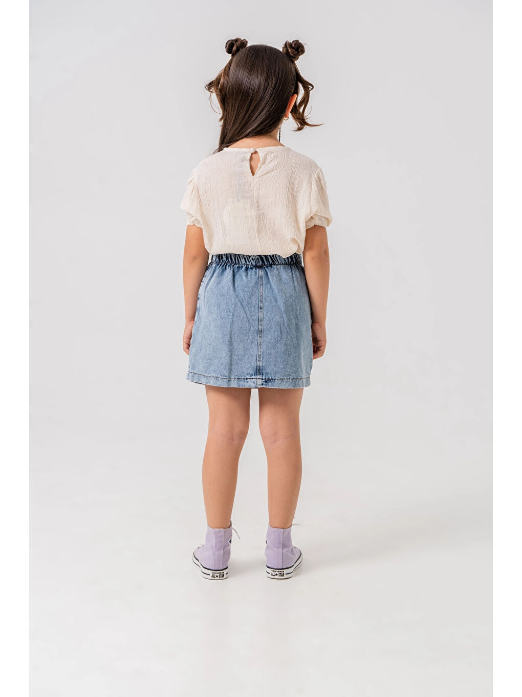 Ekru Yakalı Jean Etekli Kız Çocuk Takım 2540-4