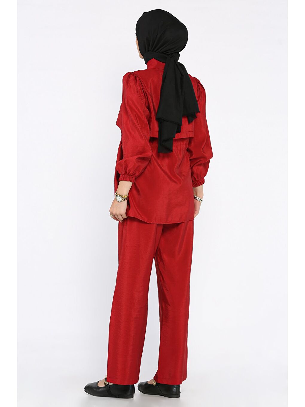 Bordo Kadın Gold Düğmeli Bel Bağlama Detaylı Tunik Pantolon Tesettür İkili Takım (s-m-l Beden Uyumludur.)-5