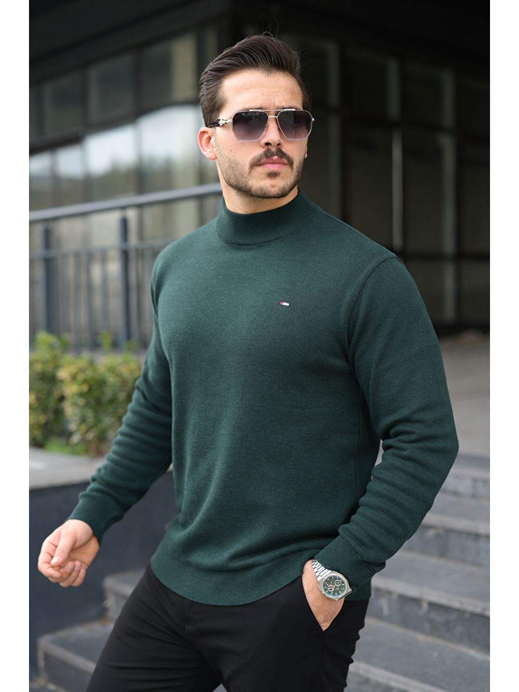 Yeşil Erkek Yarım Balıkçı Yaka Günlük Nefti Triko Kazak-1