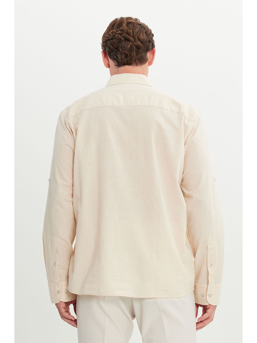 Erkek Ekru Oversize Bol Kesim Düğmeli Yaka %100 Pamuk Gömlek-4