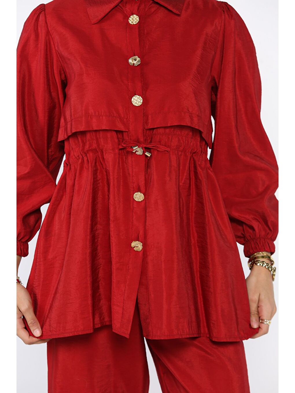 Bordo Kadın Gold Düğmeli Bel Bağlama Detaylı Tunik Pantolon Tesettür İkili Takım (s-m-l Beden Uyumludur.)-6