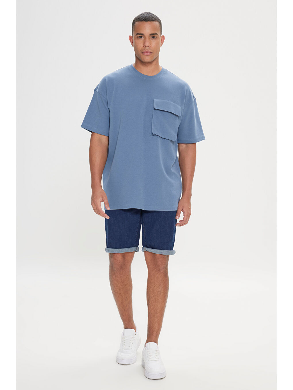 Erkek İndigo Oversize Fit Bol Kesim Pamuklu Düz Bisiklet Yaka Tişört-1