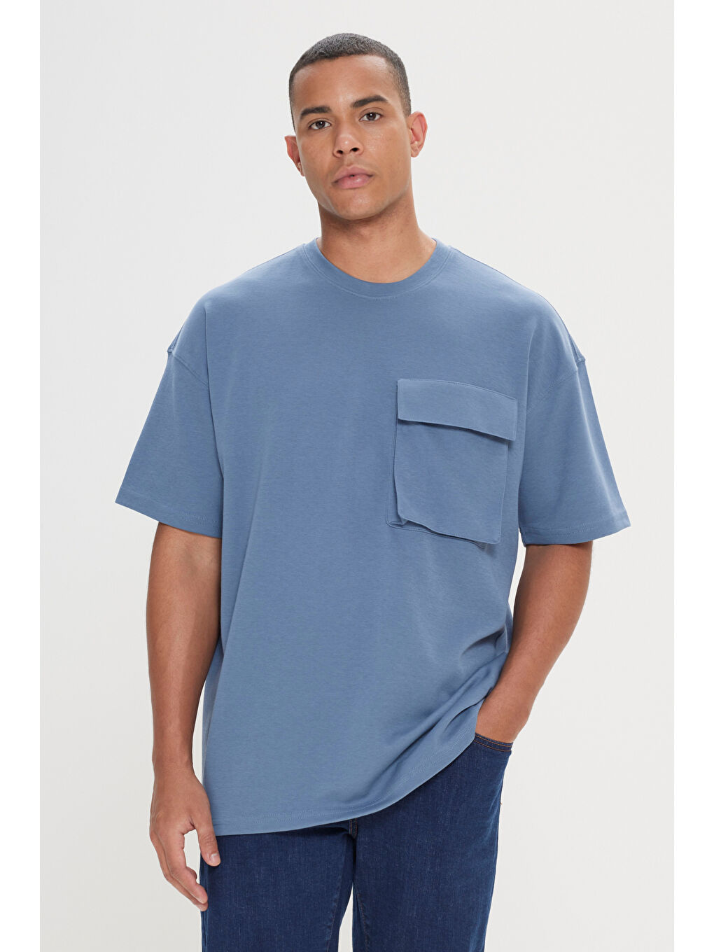 Erkek İndigo Oversize Fit Bol Kesim Pamuklu Düz Bisiklet Yaka Tişört-2